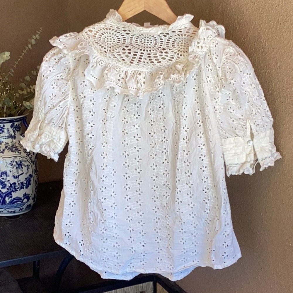 Anthropologie Love the Label Dreamer Ruffled Eyelet Blouse In White - Picture 8 of 10